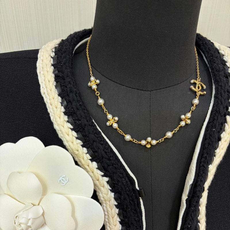 CHN108 Women's 26P Gold Double C Gold Bean Pearl Necklace Jewelry