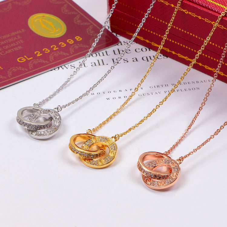 CAN8 18K Titanium Steel Color Gold Letter Double Ring Full Rhinestone Pendant Couple Necklace Jewelry