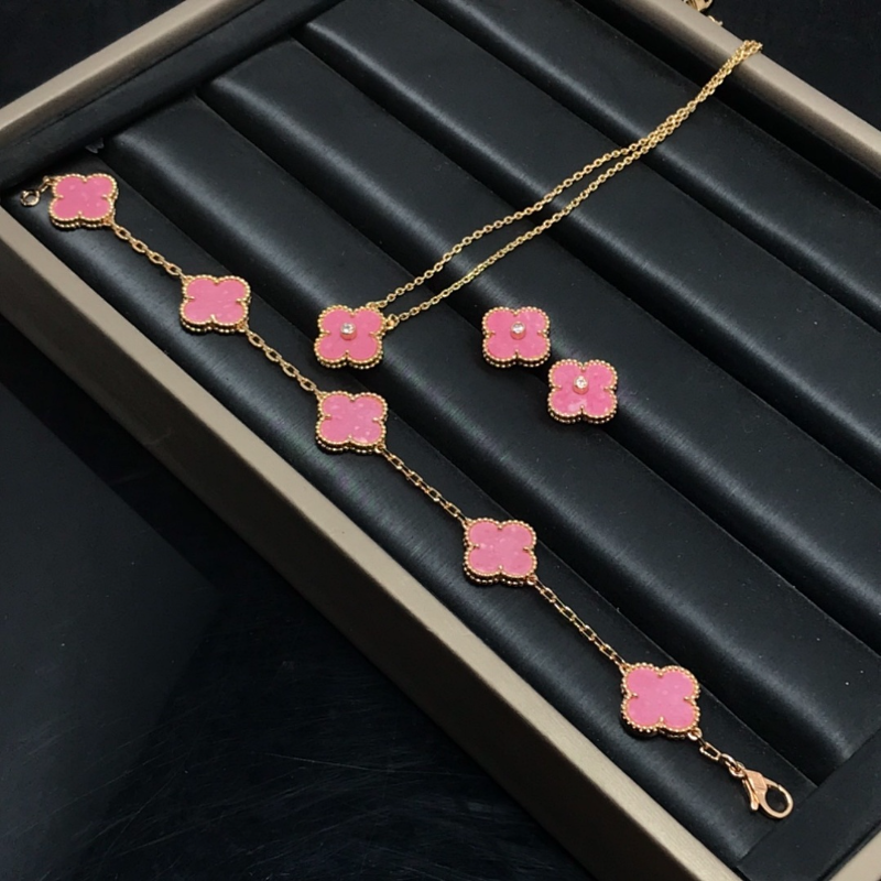 VAB60 New Women's Rose Pink Belly Earnail Bracelet, Necklace Set Jewelry
