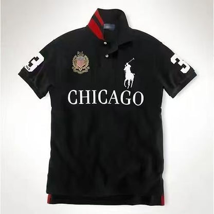 PPC1  Summer American city short sleeved top popular polo shirt men's lapel embroidered casual plus size